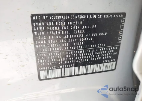 2018 Volkswagen Tiguan 2.0T Sel Premium from USA, damaged, VIN 3VV4B7AX1JM188172